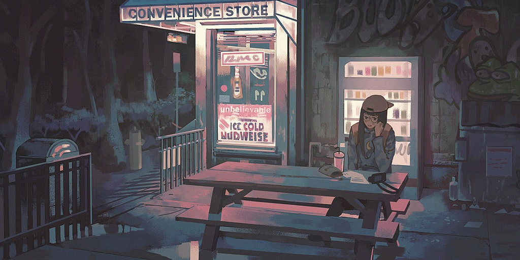 young animated girl at night working at store in a part-time job as a highschool student
