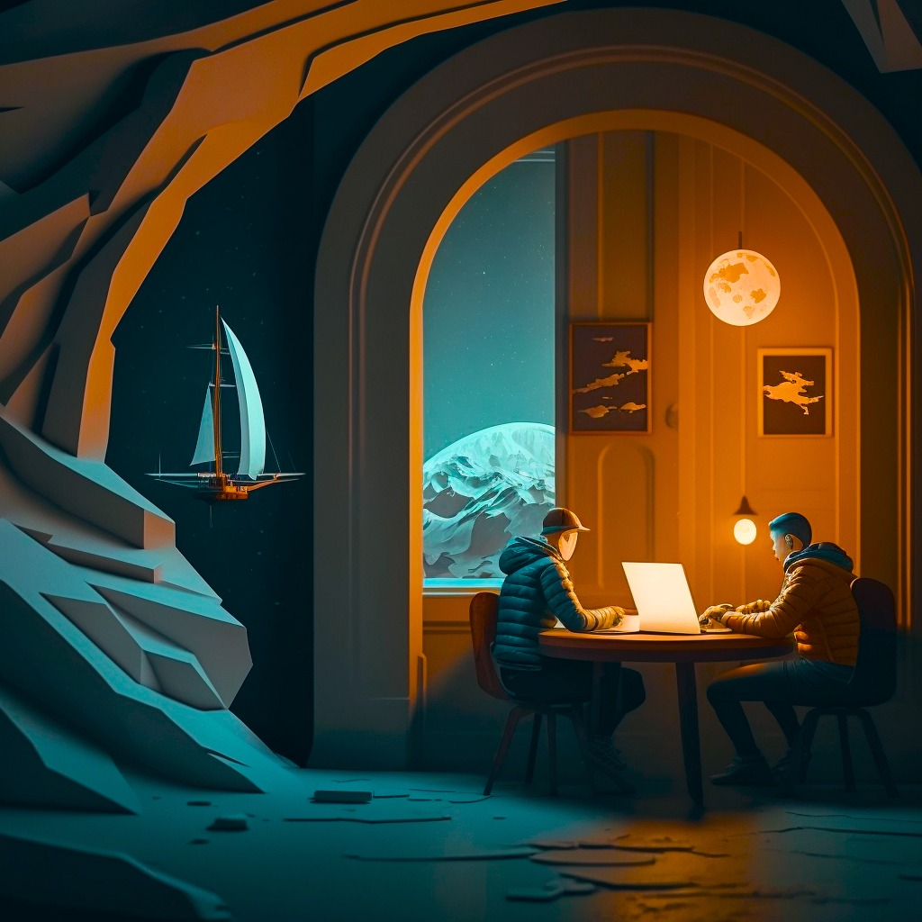 Two students working in a cozy room in space