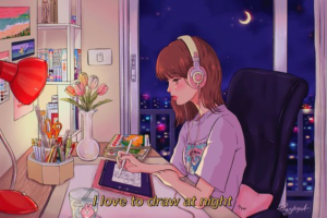 Anime girl draws in the night to relieve stress and relax