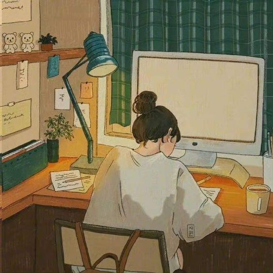 Animated girl working hard under in front of desktop to learn biggest lessons for students that no one teaches